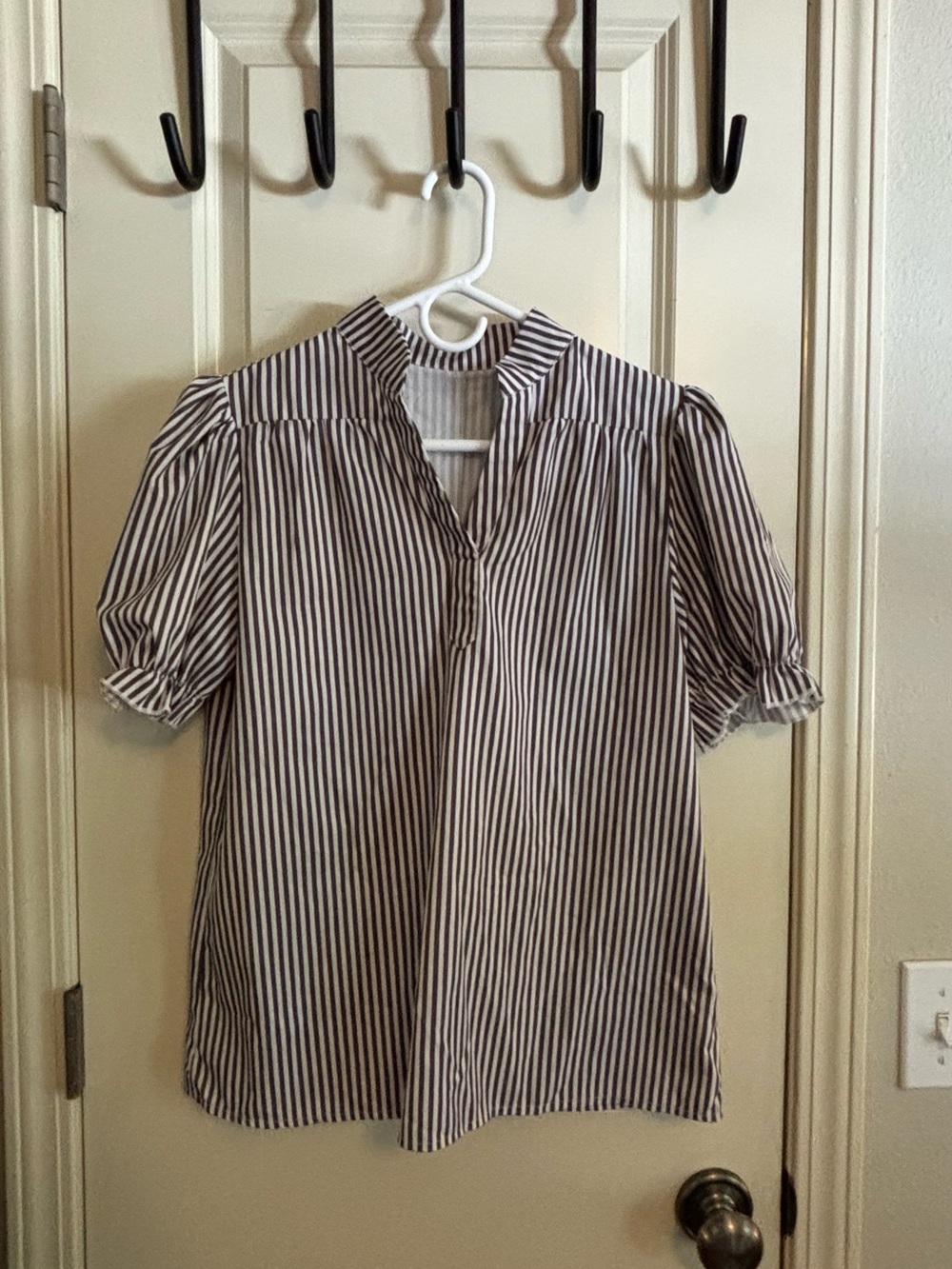 Gray and White Vertical Stripe Puff Sleeve Blouse